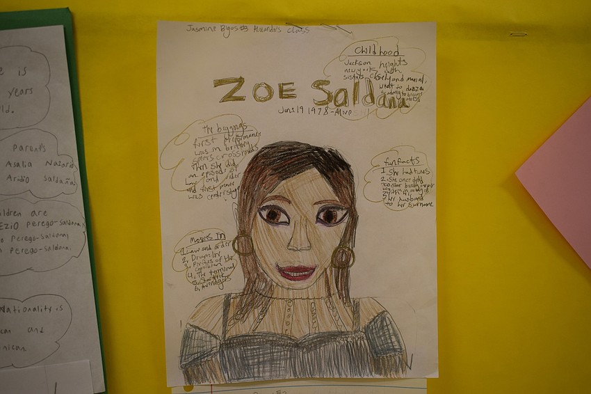 Jasmine Bigos' drawing of actress Zoe Saldana, who is Dominican, is on display during Hispanic Heritage Night. Each class was tasked with learning about different prominent Hispanic figures.