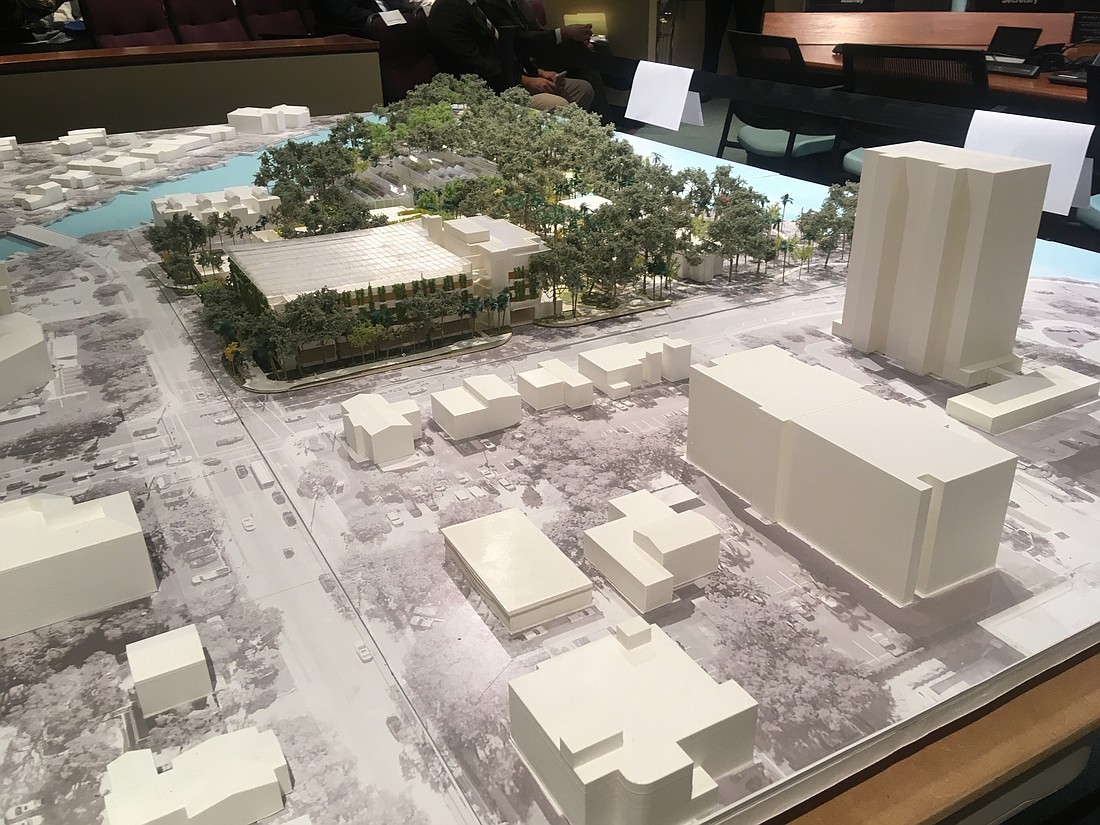 A three-dimensional model of the proposed Selby Gardens renovations sat in the commission chambers at City Hall during a public hearing Wednesday.