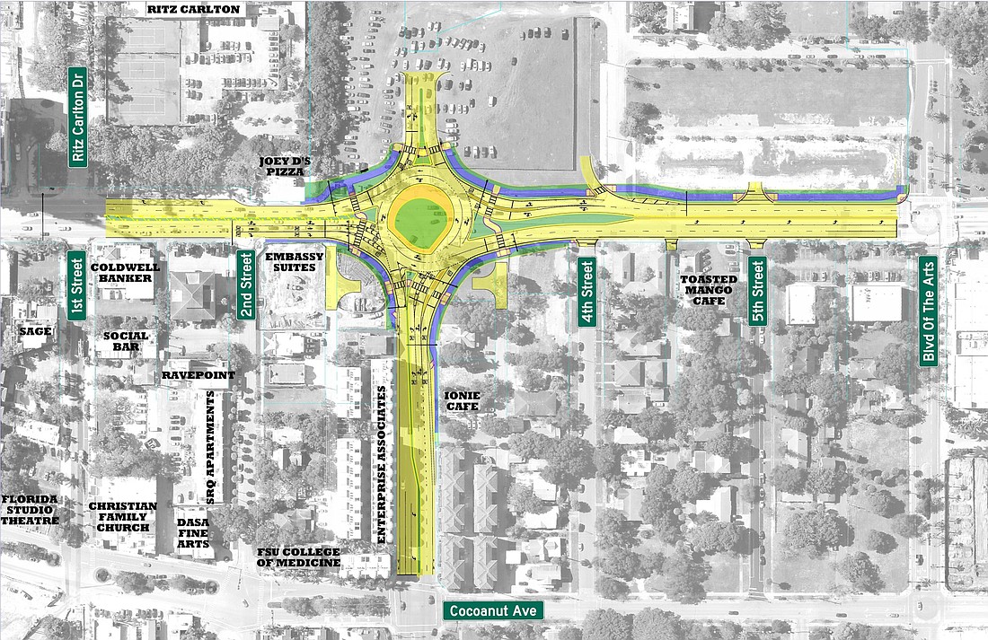 The roundabout construction area, highlighted in this image the project team provided, will extend along portions of Fruitville Road and U.S. 41.