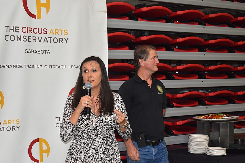 Managing director of the Circus Arts Conservatory Jennifer Mitchell speaks to the crowd.