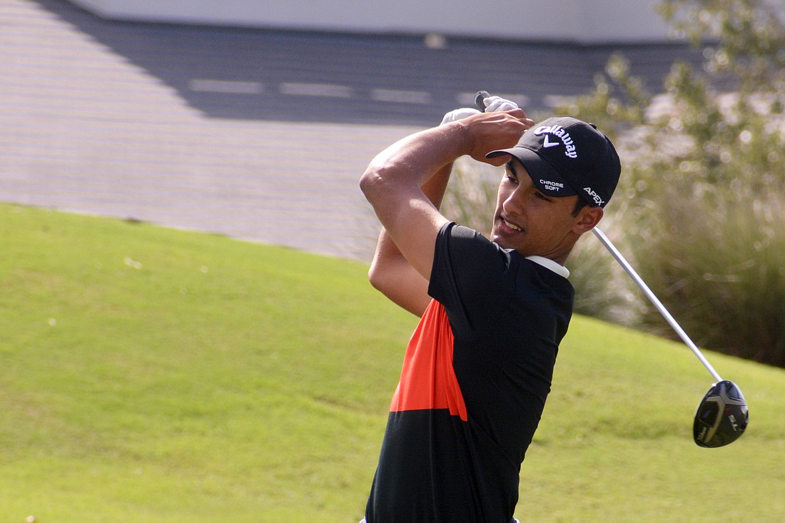 Cardinal Mooney senior boys golfer Noah Kumar, here hitting a drive on the first hole at Laurel Oak Country Club, is ranked No. 1 in Florida by the FHSAA and 92nd nationally by Junior Golf Scorecard.