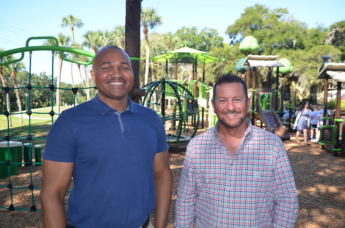 Jerry Fogle and John Kretzer, manager of landscape operations, helped oversee the construction of the playground that opened Wednesday, Oct. 1 at Pioneer Park.