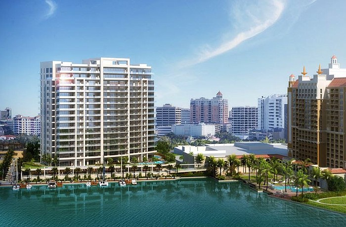 The Ritz-Carlton Residences, Sarasota, left, is the first project under construction at the Quay site.