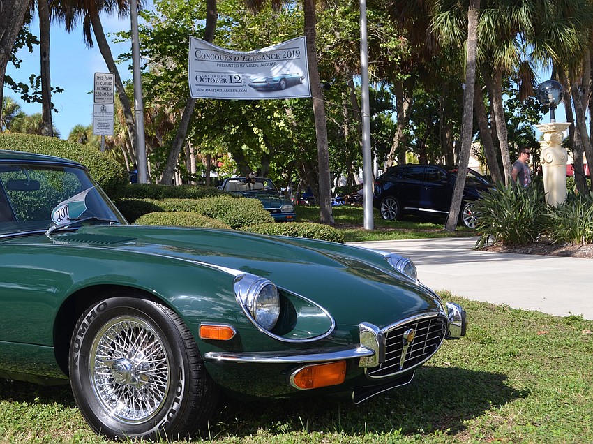 A British Racing Green Jaguar E-type greeted visitors to St. Armands Circle.