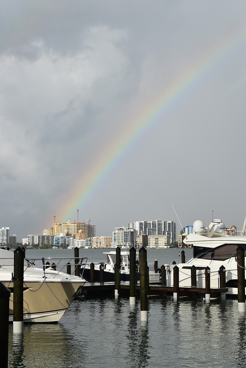 A rainbow sprouted over the bay.