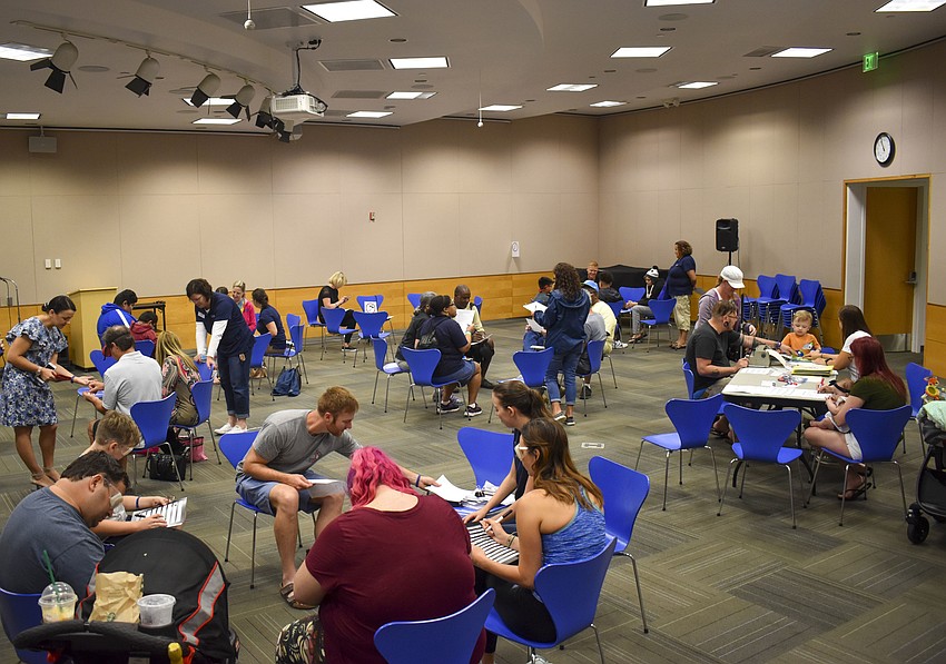 Teams move around the room from station to station.