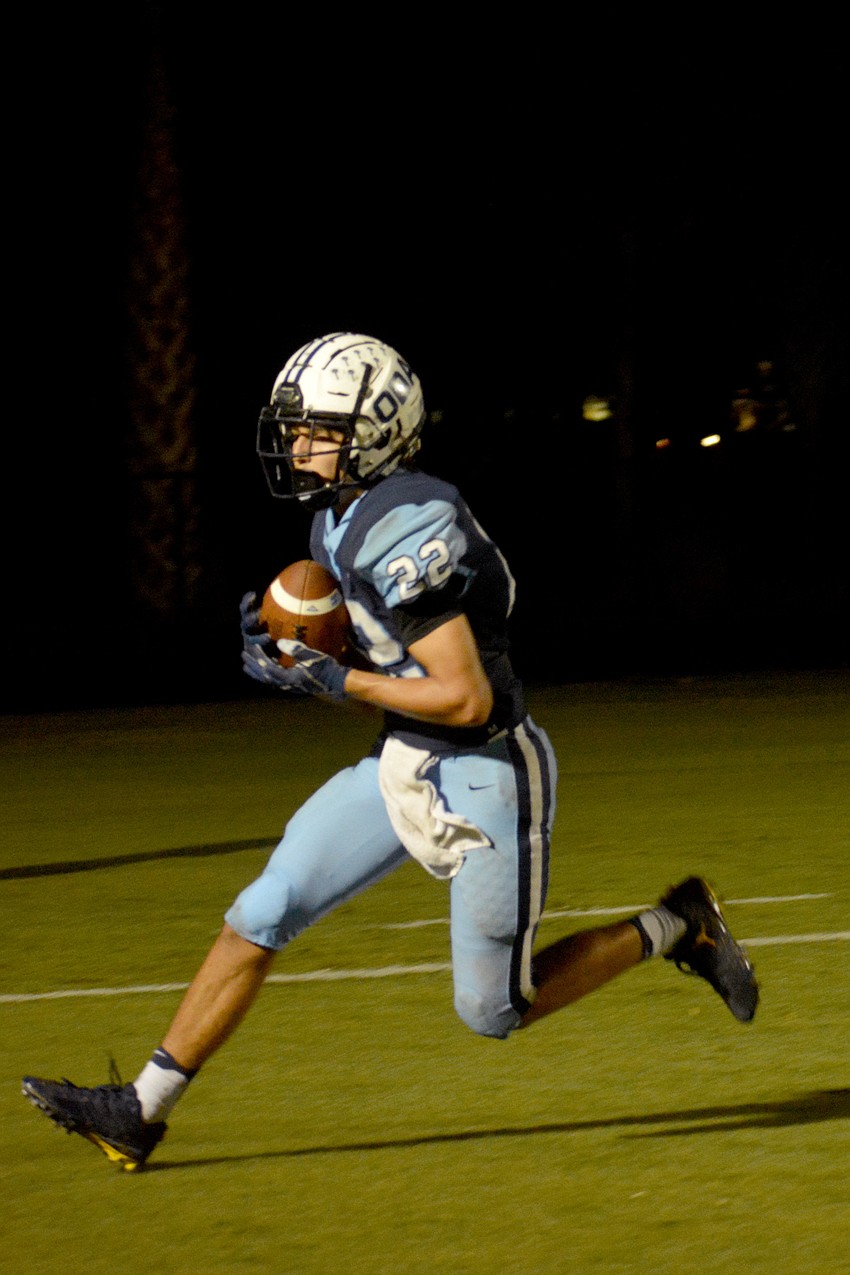 ODA junior corner Nolan Lewellen snags an interception in the end zone.