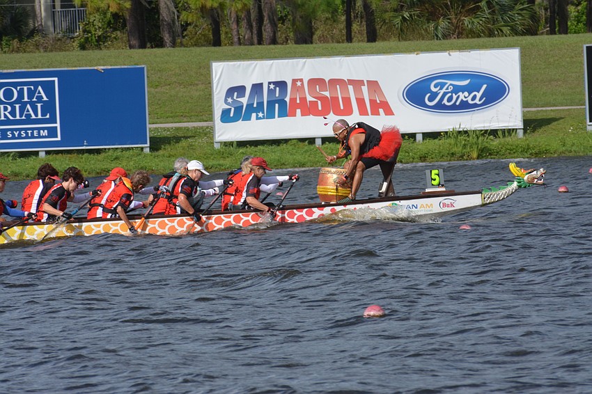 The Leatherneck Warriors 500m premier senior open 10/20 team powers to the finish line to win its qualifying heat (2:19.12).