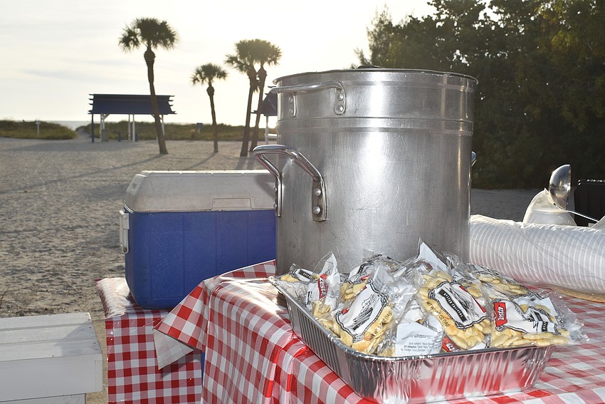 Chowder and crackers await the feast.