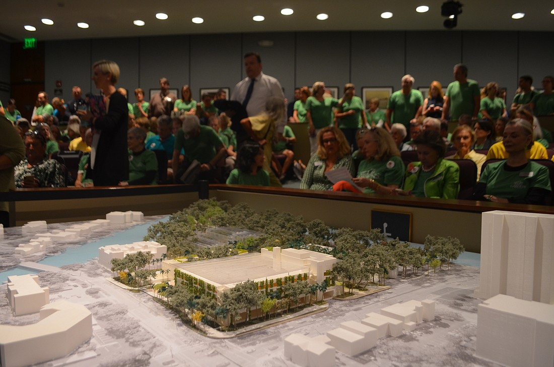 A three-dimensional model of the master plan â€” including the five-story garage with rooftop restaurant â€” sat in City Hall as the commission heard arguments for and against the Selby Gardens proposal.