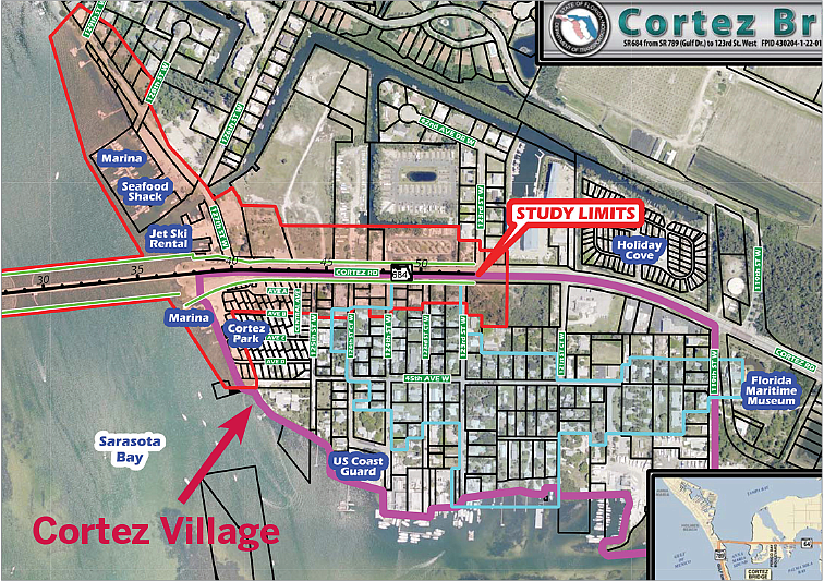 Residents of Cortez Village are worried the roadway length and size for a 65-foot fixed span will destroy the ambiance of the fishing village â€” in part because the land the state will require through eminent domain (in red).