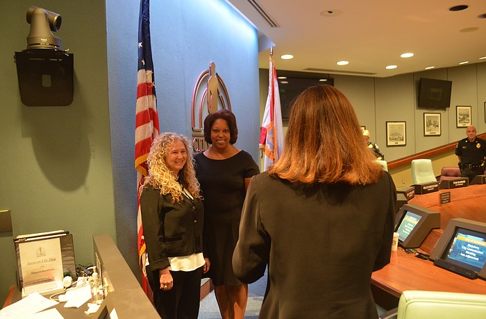Mayor Jen Ahearn-Koch and Vice Mayor Shelli Freeland Eddie pose for a photo following today's City Commission meeting.