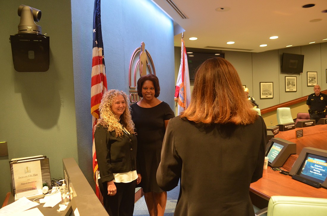 Mayor Jen Ahearn-Koch and Vice Mayor Shelli Freeland Eddie pose for a photo following today&#39;s City Commission meeting.