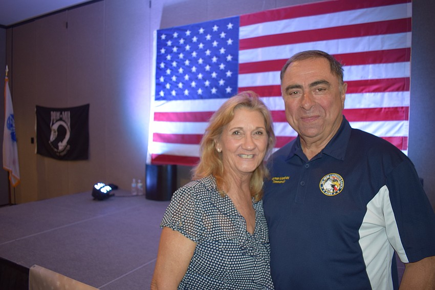 County Commissioner Vanessa Baugh thanked Herman Martinez, the commander of the Association of Veterans and Military Supporters, for his role in building a veterans memorial at Del Webb Lakewood Ranch.