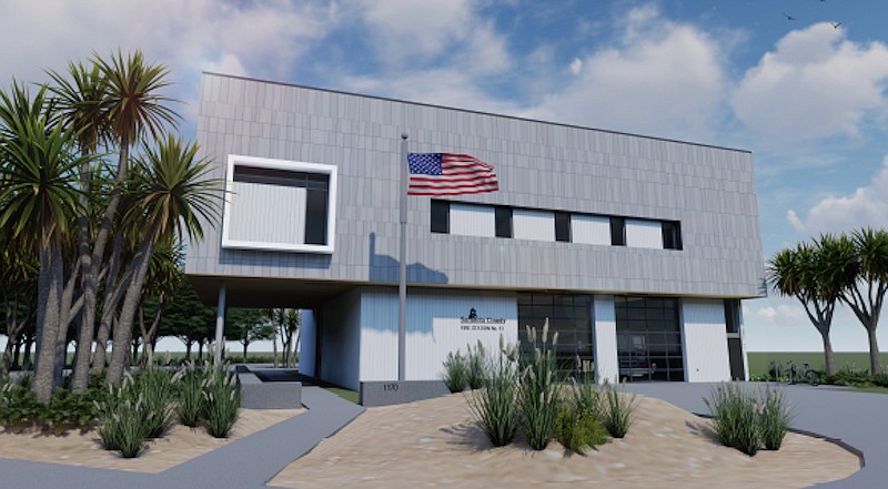 An initial rendering of Fire Station 13, located on Siesta Key, shows a two-story building that matches the beach facade. Photo courtesy of Sweet Sparkman Architects.