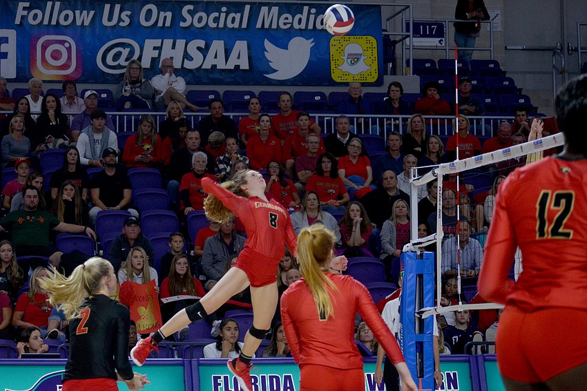 Sophia Hritz launches for a kill attempt. She finished with eight kills and 22 digs.