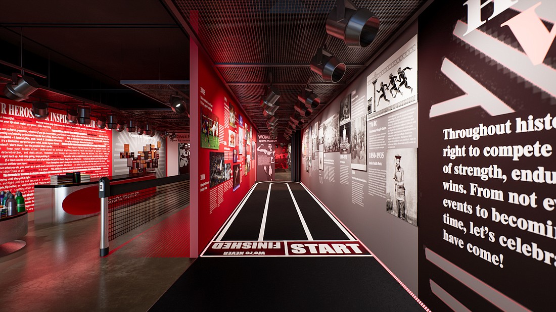 The preview center at the mall will include installations such as the Her Story Walk designed to highlight major achievements by women in sports. Rendering courtesy Women&#39;s Sports Museum.