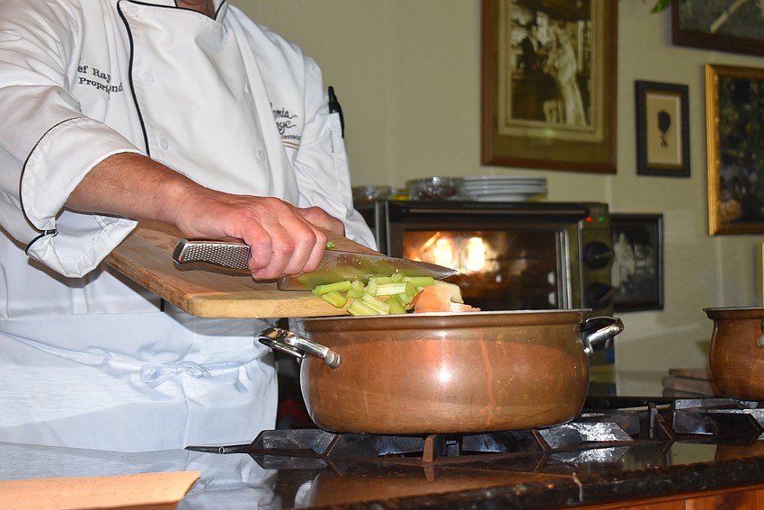 The same ingredients to make the mirepoix flavor bed go into the stock.