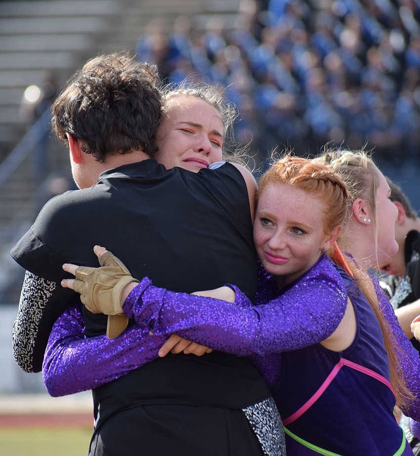 Kenzie Beck and Chloe Nelson celebrate Lakewood Ranch's advancement to the finals.
