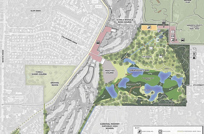 The proposal for parkland at Bobby Jones with the most radical changes eliminates nine regulation holes from the course and places a greater emphasis on natural features. Images courtesy city of Sarasota.