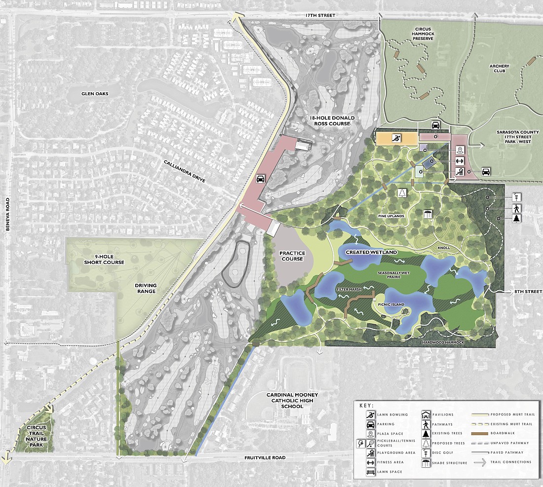 The proposal for parkland at Bobby Jones with the most radical changes eliminates nine regulation holes from the course and places a greater emphasis on natural features. Images courtesy city of Sarasota.