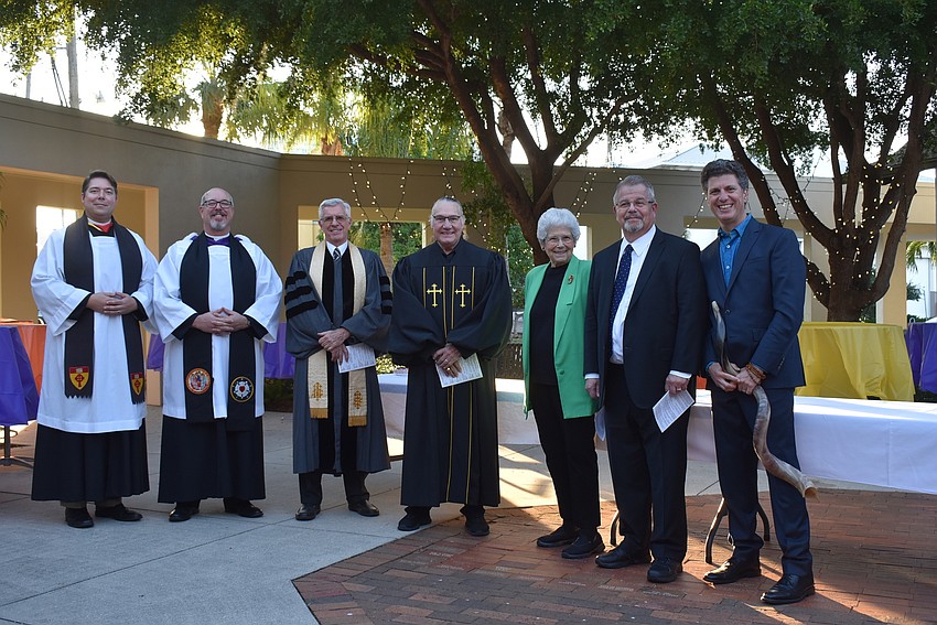 Father Dave Marshall, The Revs. Ken Blyth, Norman Pritchard and Bill Friederich, MiMi Horwitz, Rabbi Stephen Sniderman and Lee Mirman.