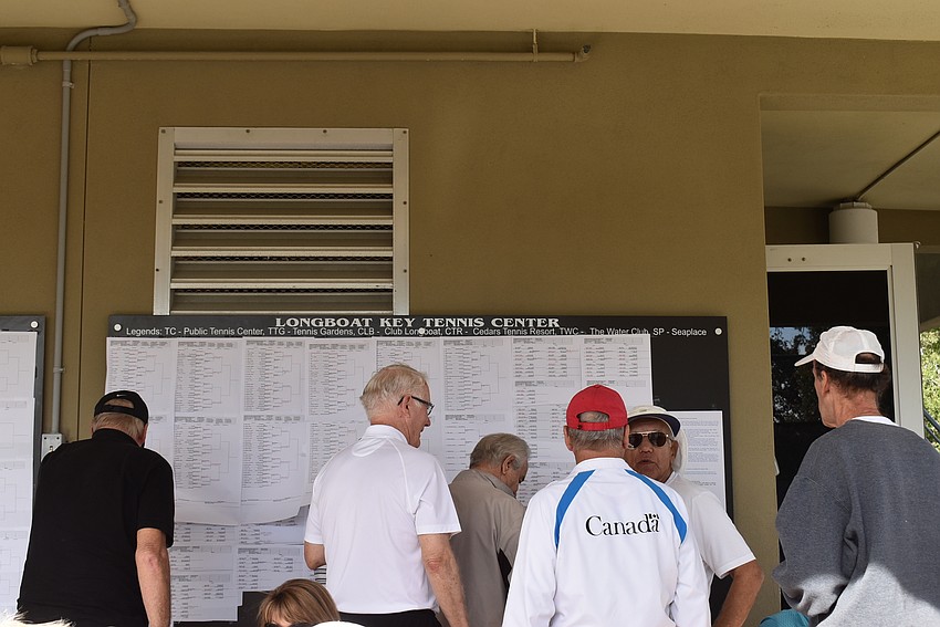 Players crowd around the scoreboards.