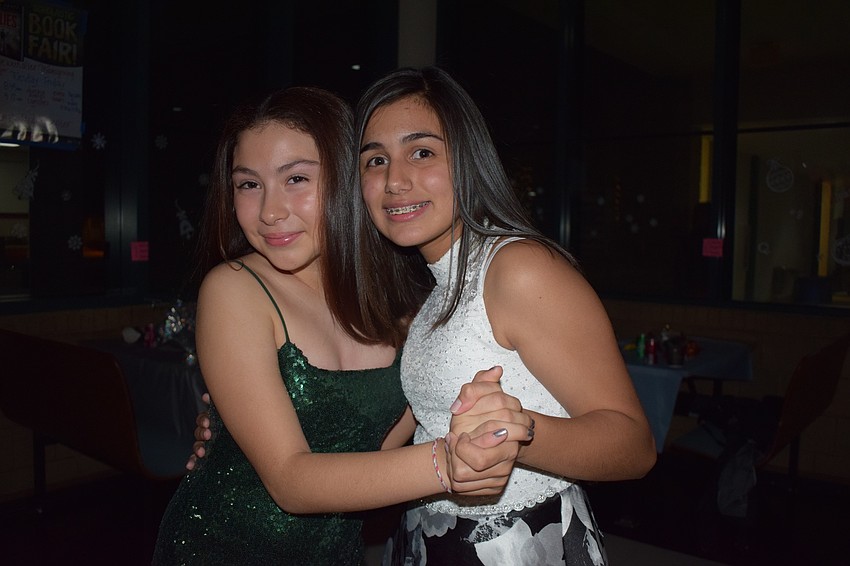 Mariana Aguirre and Barbara Baeza, seventh-graders, dance to Maroon 5's 