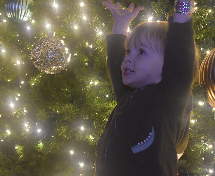Roan Maloku, 2, plays in front of the newly lit tree.