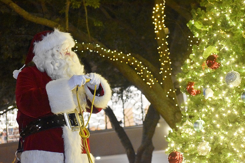 Santa Claus plugs in the Christmas tree.