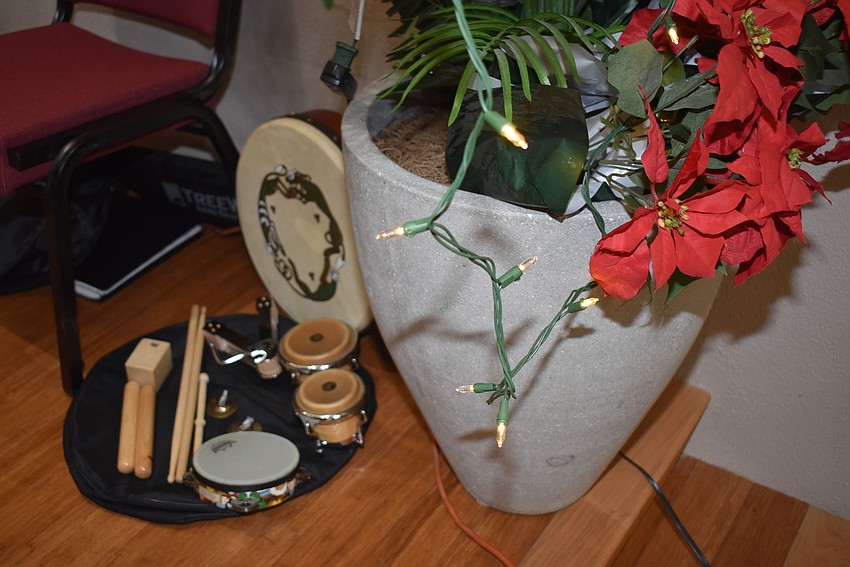 Percussion instruments wait to be used during the concert.