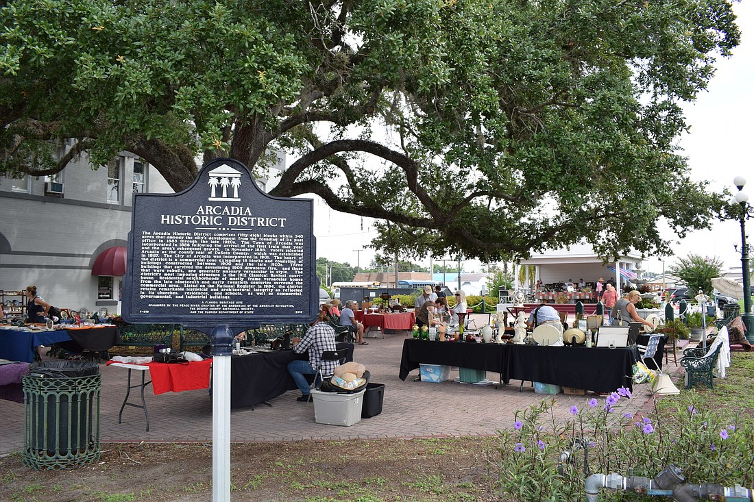 The Tree of Knowledge Park at the center of town plays host to several vendors during Arcadia antique fairs.