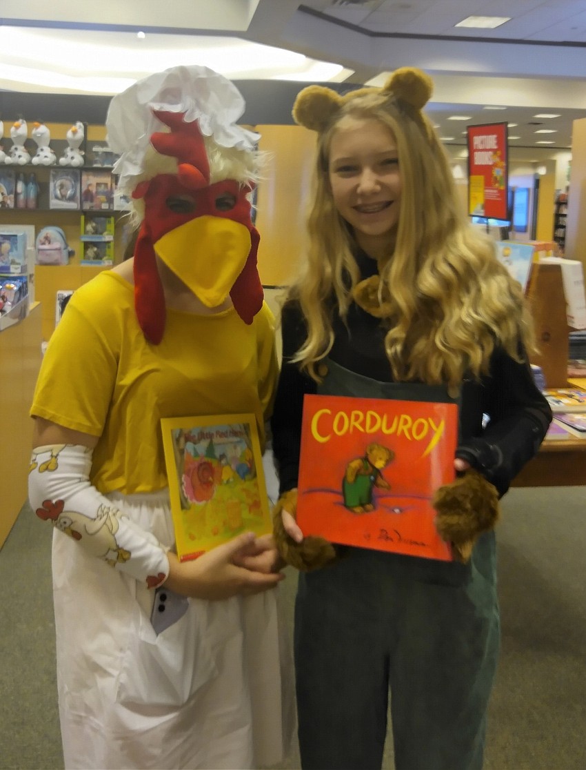 Temple Emanu-El teens dressed up as The Little Red Hen and Corduroy the Bear.