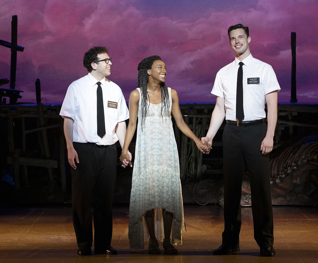 Jordan Matthew Brown, Alyah Chanelle Scott and Liam Tobin star in "Book of Mormon."
