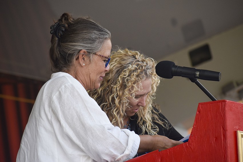 Agathe Ali, director of public affairs for Cirque du Soleil, and Mayor Jen Ahearn-Koch announce the proclamation of Jan. 12 as Circus Day in North America.
