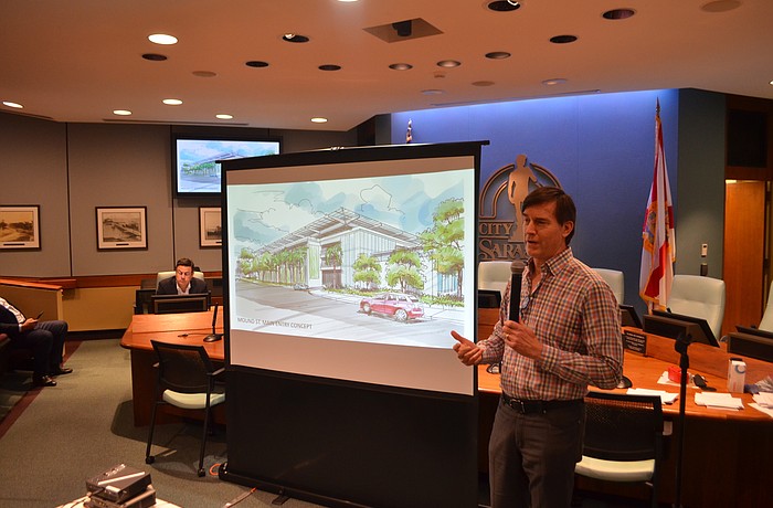 Architect Bob Shemwell presents a preliminary sketch showing Selby Gardens' plans for a new 45-foot-tall parking garage near the intersection of Orange Avenue and Mound Street.
