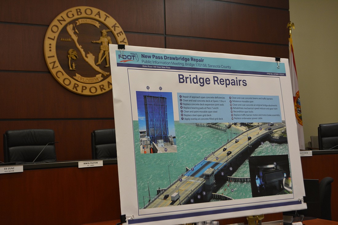 A board highlighting planned repairs for the New Pass Bridge lay in the chambers of Longboat Key Town Hall at an open house hosted by transportation officials Thursday evening.
