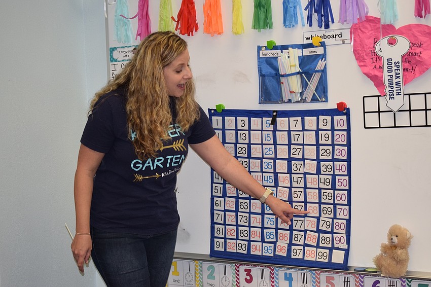Danielle Stooksbury, a kindergarten teacher, counts along with her class to 100.