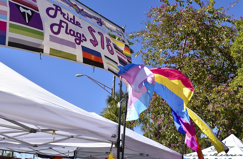 Varied pride flags wave in the sky during the festival.