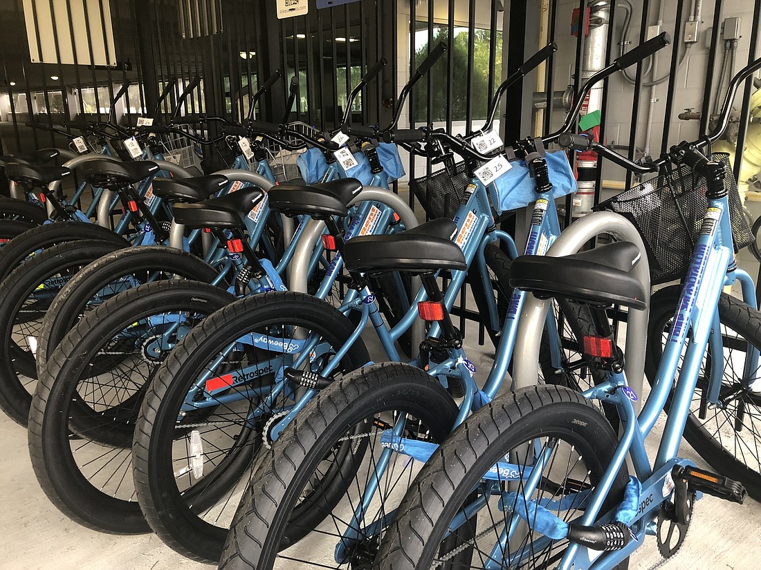 Bikes are stationed in the ground floor of the St. Armands parking garage for rental on an hourly or daily basis. Photo courtesy city of Sarasota.