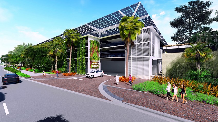 The primary entrance to the four-story parking garage would be on Mound Street. Rendering courtesy Marie Selby Botanical Gardens.