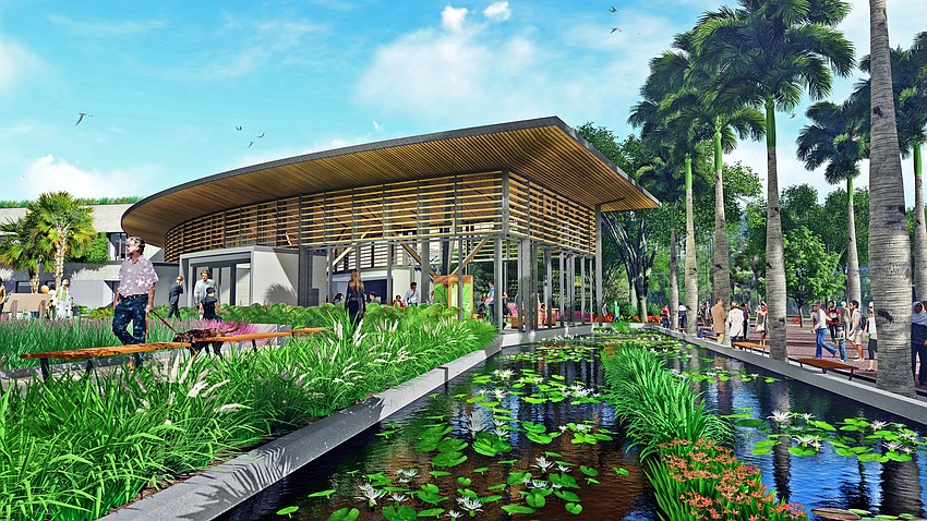 In addition to the parking garage, buildings proposed in the first phase of the master plan include a new welcome center. Rendering courtesy Marie Selby Botanical Gardens.