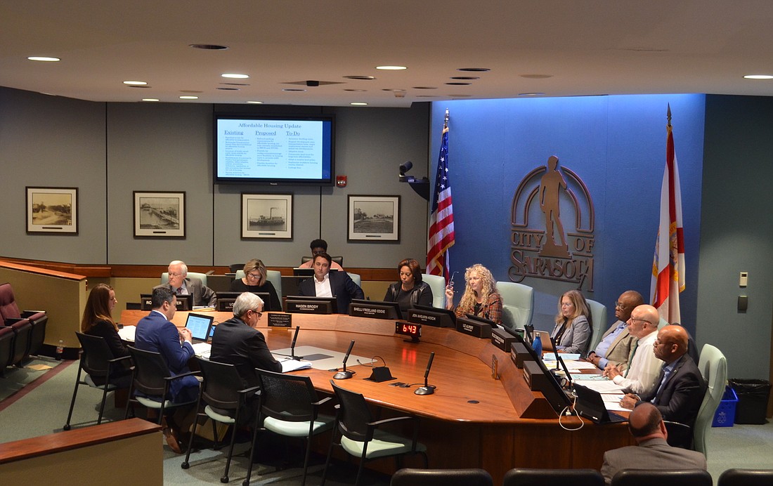 The Sarasota City Commission discusses affordable housing policy strategies with planning staff during a workshop on Monday, Jan. 27 at City Hall.
