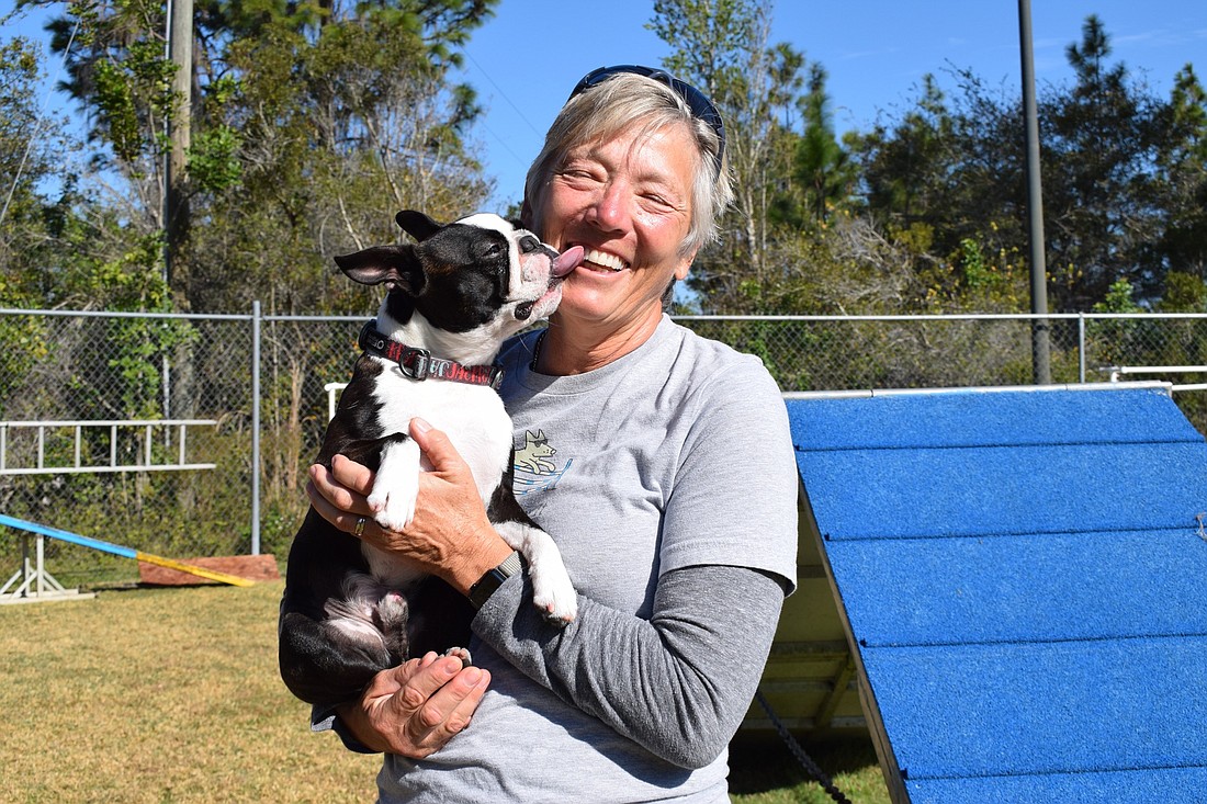 Jackpot, a Boston terrier, shows his owner, Kim Parks, of Lakewood Ranch, some love.