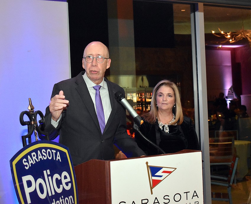City Manager Tom Barwin and Sarasota Police Chief Bernadette DiPino address attendees.