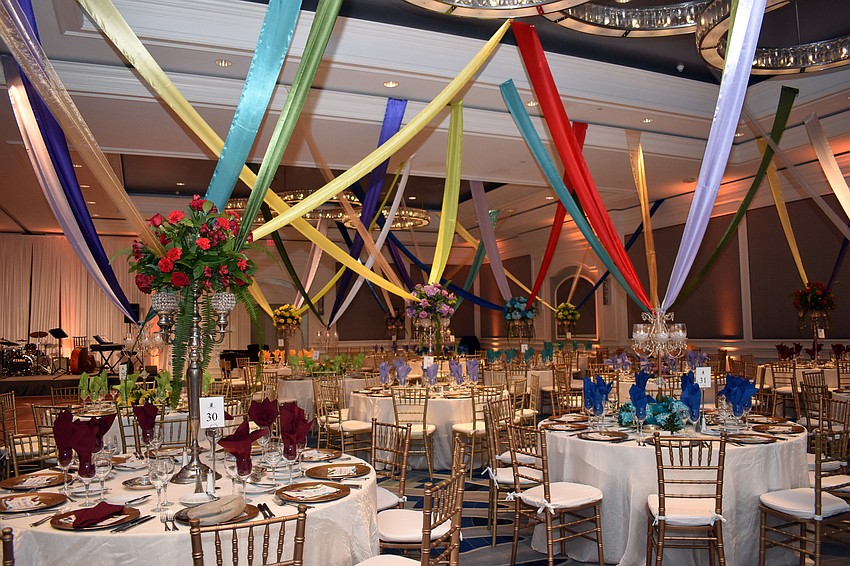 The Ritz Carlton Ballroom is decorated with brightly-colored ribbon.