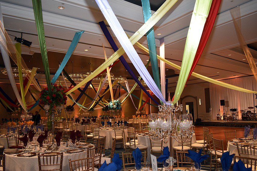 Bright ribbons decorate the ballroom.