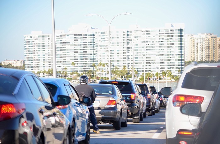 Traffic backing up on Ringling Bridge on a recent afternoon.