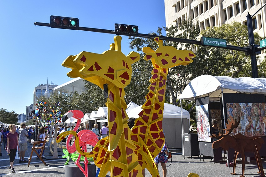 Frederick Prescott's giraffes and other animal sculptures were on display.