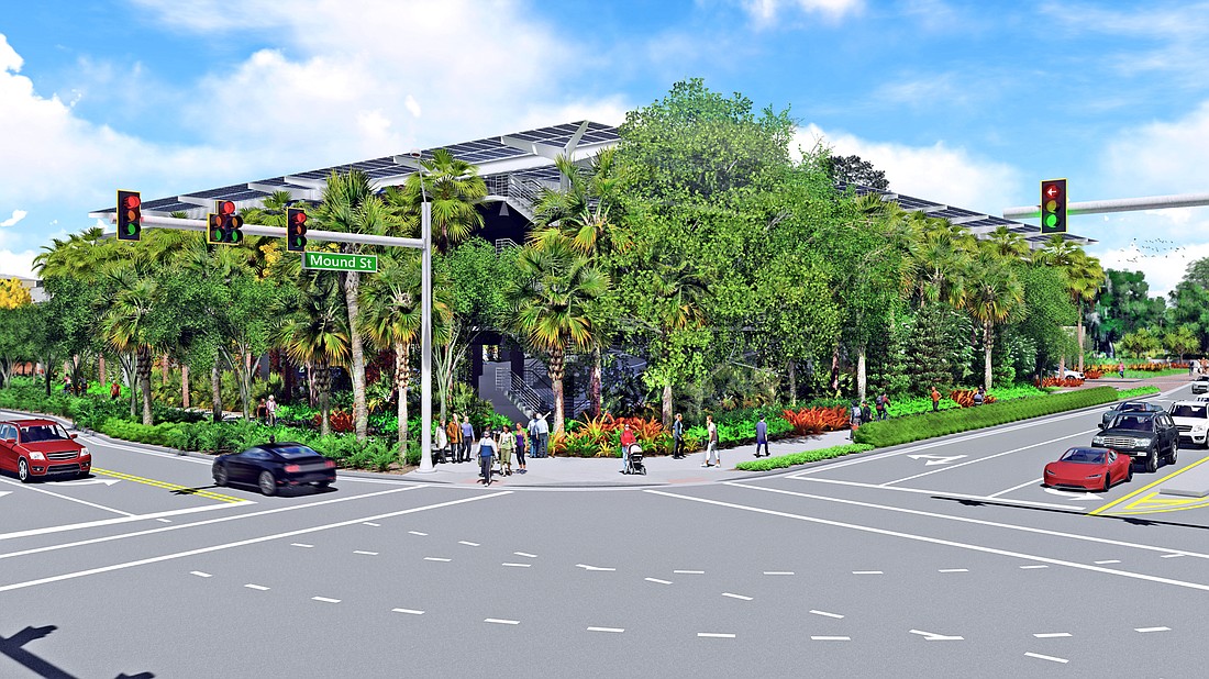 This rendering, provided by Marie Selby Botanical Gardens, shows the proposed parking garage at the corner of Mound Street and Orange Avenue.